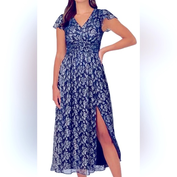 Adrianna Papell metallic crinkle flutter sleeve navy prom dress size 2P - Picture 1 of 9